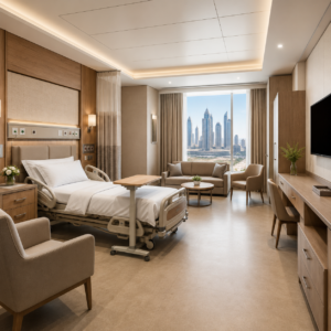 Hospital Room Furniture Dubai complete patient room furniture package with patient bed, bedside cabinet, visitor armchair, wardrobe, and storage